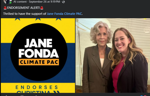 Screenshot of the Christina Hines for Congress Facebook post announcing the Jane Fonda Climate PAC endorsement.