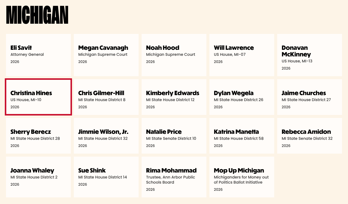 Jane Fonda Climate PAC endorsements page listing Christina Hines, US House, MI-10.